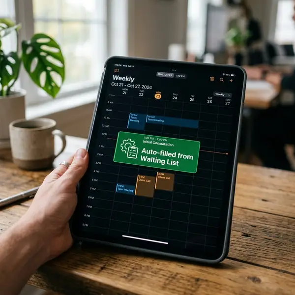 Tablette affichant un planning de réservation qui se complète automatiquement