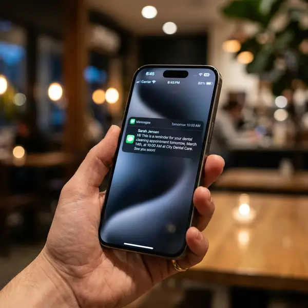 Smartphone affichant un SMS de rappel automatisé